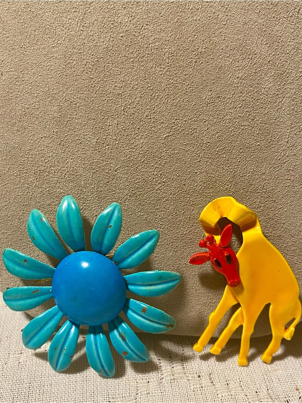 2 vintage 1960s Brooches- One Blue Flower and One Yellow Giraffe